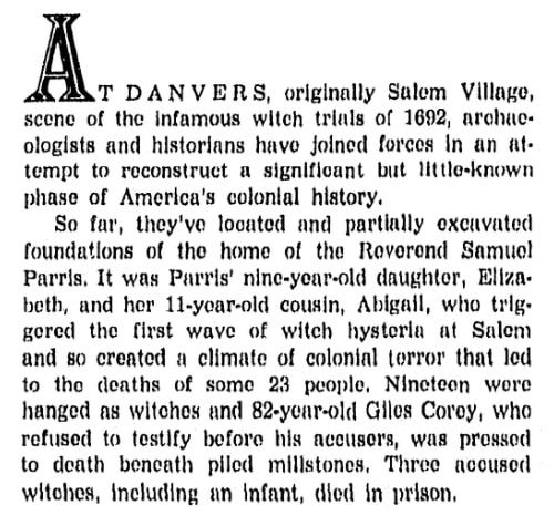 An article about the Salem Witch Trials, Boston Record American newspaper article 20 June 1971