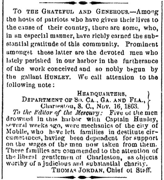 An article about the Confederate submarine H. L. Hunley, Charleston Mercury newspaper article 17 November 1863