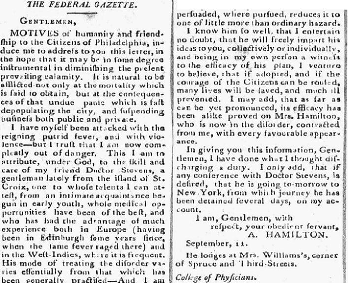 An article about Alexander Hamilton and yellow fever, Federal Gazette newspaper article 11 September 1793