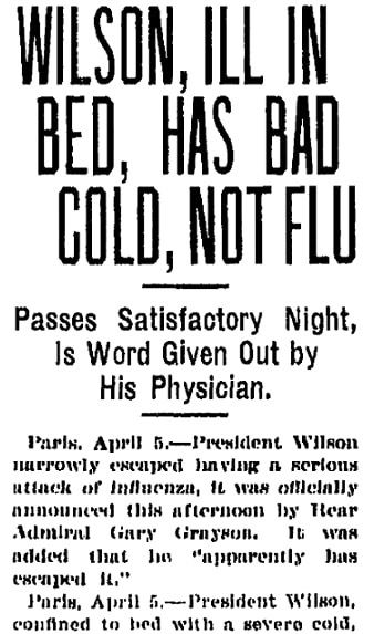 An article about President Woodrow Wilson and the Spanish Flu, Grand Rapids Press newspaper article 5 April 1919