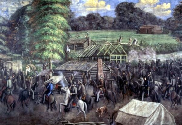 Illustration: "Haun's Mill" by C.C.A. Christensen, a depiction of the Haun's Mill massacre, part of the Mormon War. Credit: Brigham Young University Museum of Art; Wikimedia Commons.