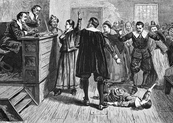 Illustration: witchcraft trial at Salem Village. The central figure in this 1876 illustration of the courtroom is usually identified as Mary Walcott. Credit: Wikimedia Commons.