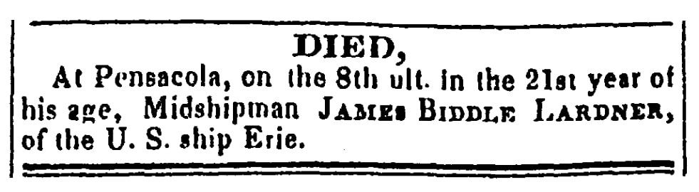 An obituary for James Lardner, National Gazette and Literary Register newspaper article 10 April 1829