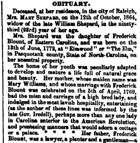 An obituary for Mary Shepard, North-Carolina Standard newspaper article 26 October 1864