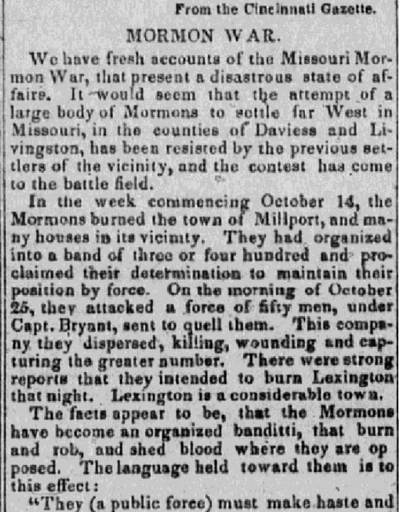 An article about the Mormon War of 1838, Ohio Statesman newspaper article 13 November 1838