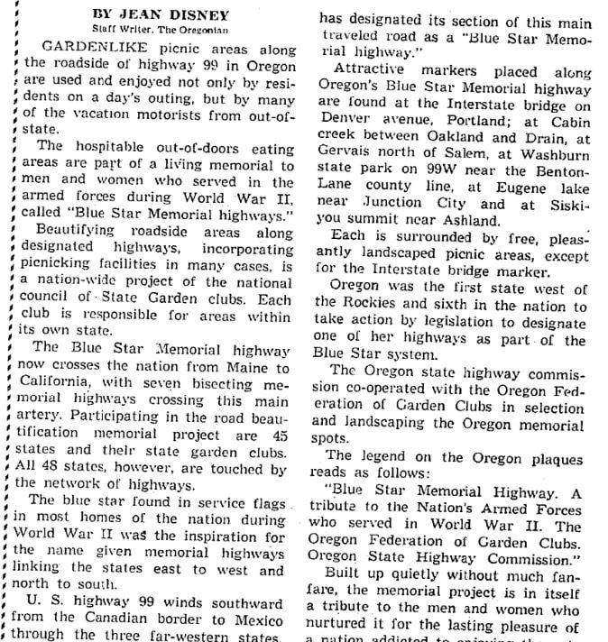 An article about Blue Star Memorial Highways, Oregonian newspaper article 28 June 1953