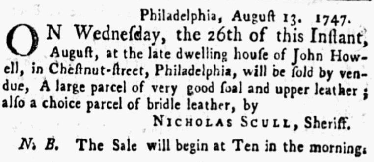 An article about Nicholas Scull, Pennsylvania Gazette newspaper article 13 August 1747