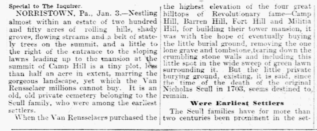 An article about the Scull family cemetery, Philadelphia Inquirer newspaper article 4 January 1904