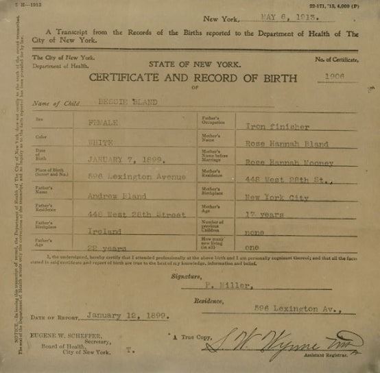 Photo: birth certificate for Bessie Bland, 1899 – issued in 1913