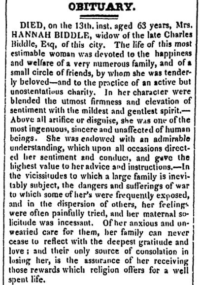 An obituary for Hannah Biddle, Poulson’s American Daily Advertiser newspaper article 19 January 1825