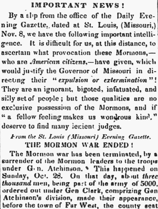 An article about the Mormon War of 1838, Salem Gazette newspaper article 23 November 1838