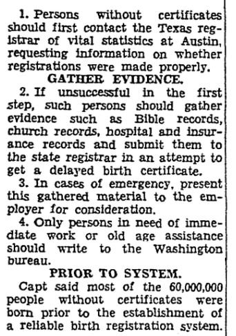 An article about birth certificates, San Antonio Light newspaper article 21 September 1941