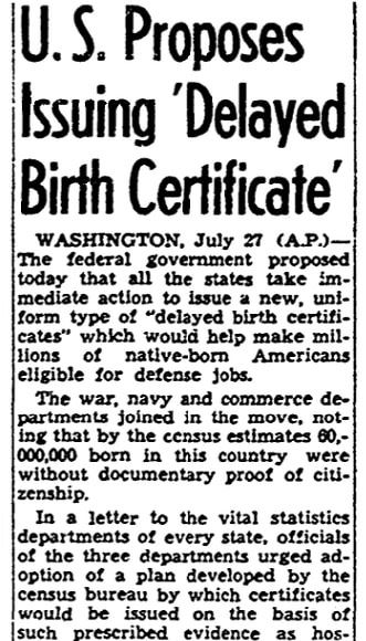 An article about birth certificates, San Diego Union newspaper article 28 July 1941