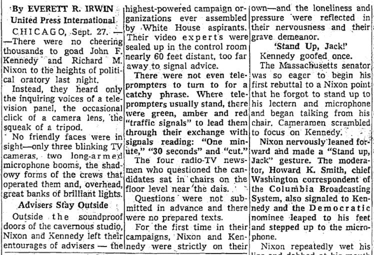 An article about the first presidential debate, between Nixon and Kennedy, Seattle Daily Times newspaper article 27 September 1960