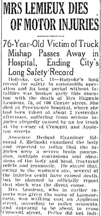 An obituary for Mrs. Lemieux, Springfield Republican newspaper article 12 October 1942