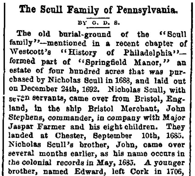 An article about the Scull family, Sunday Dispatch newspaper article 2 August 1874