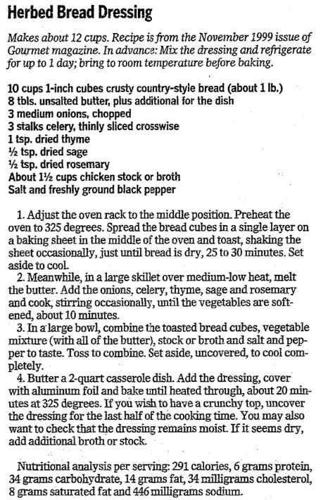 Herbed bread dressing recipe, Advocate newspaper article 19 November 2009