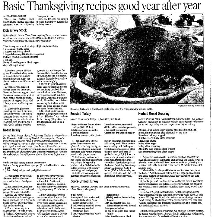 Thanksgiving recipes, Advocate newspaper article 19 November 2009