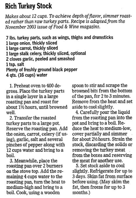 Turkey stock recipe, Advocate newspaper article 19 November 2009
