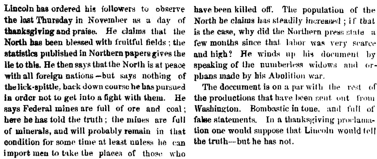 An article about Thanksgiving, Augusta Chronicle newspaper article 15 October 1863