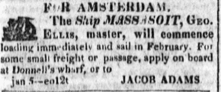 An article about a ship named Massasoit, Baltimore Patriot & Mercantile Advertiser newspaper article 24 January 1820