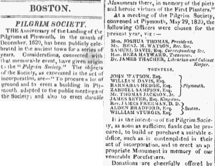 An article about the Pilgrim Society, Boston Commercial Gazette newspaper article 22 June 1820