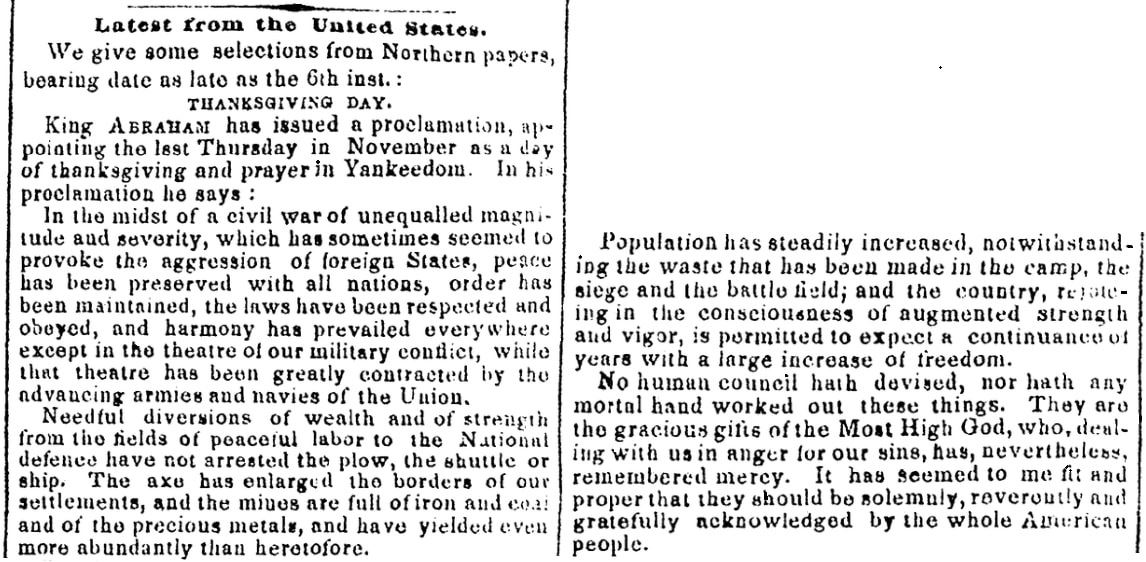 An article about Thanksgiving, Charleston Courier newspaper article 12 October 1863