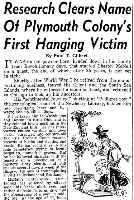 An article about the Mayflower passengers, Chicago Sun newspaper article 24 June 1945