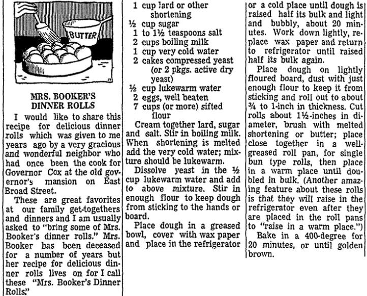 Dinner rolls recipe, Columbus Dispatch newspaper article 2 February 1972