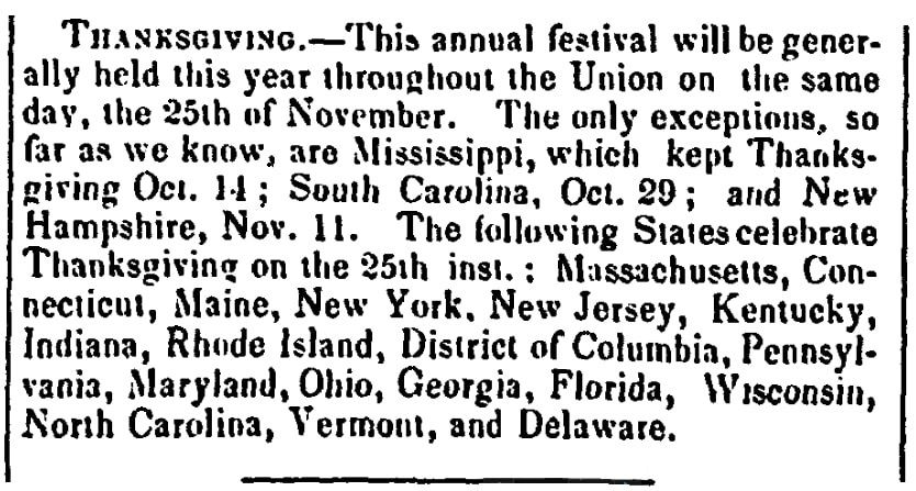 An article about Thanksgiving Day, Congregationalist newspaper article 19 November 1852