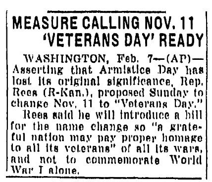 An article about Veterans Day, Evansville Courier and Press newspaper article 8 February 1954