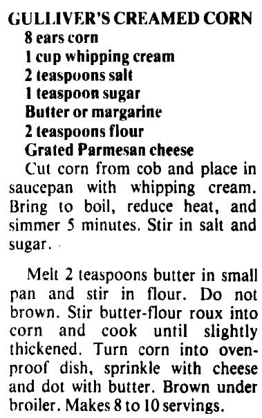 Creamed corn recipe, Huntsville Times newspaper article 8 February 1989
