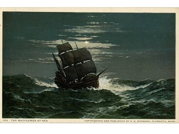 Illustration: "The Mayflower at Sea." Credit: The Newberry; Wikimedia Commons.