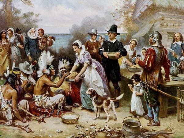 Illustration: "The First Thanksgiving, 1621," by Jean Leon Gerome Ferris, c. 1914. Credit: Library of Congress, Prints and Photographs Division.
