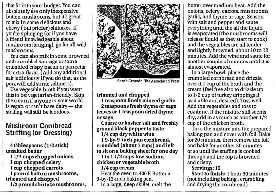 Cornbread stuffing recipe, Las Vegas Review-Journal newspaper article 14 November 2018