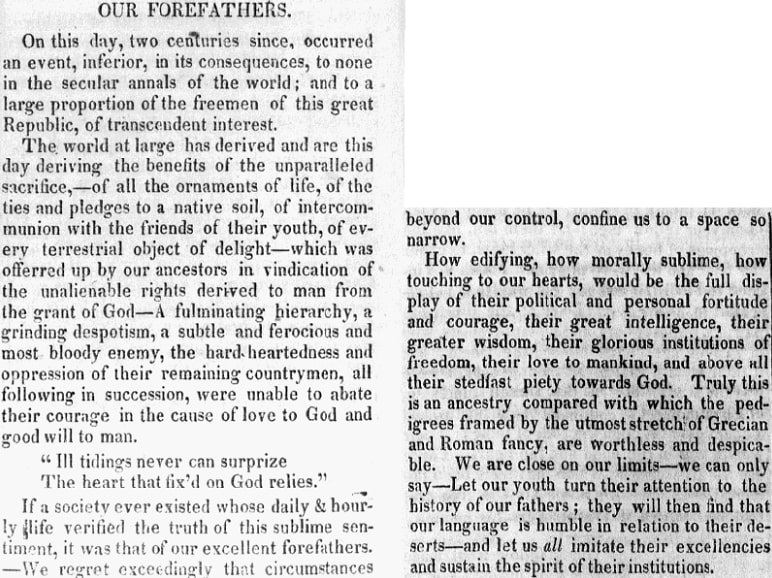 An article about the Mayflower, Maine Intelligencer newspaper article 22 December 1820