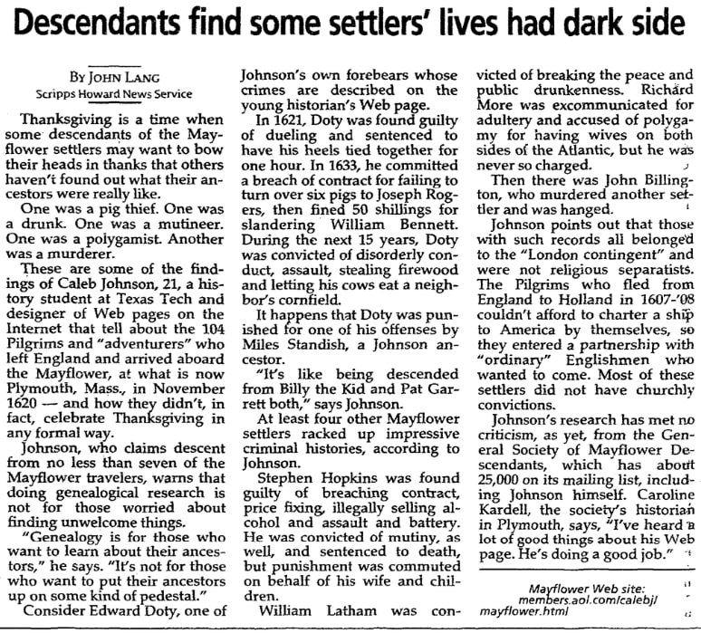 An article about the Mayflower passengers, Milwaukee Journal Sentinel newspaper article 27 November 1997