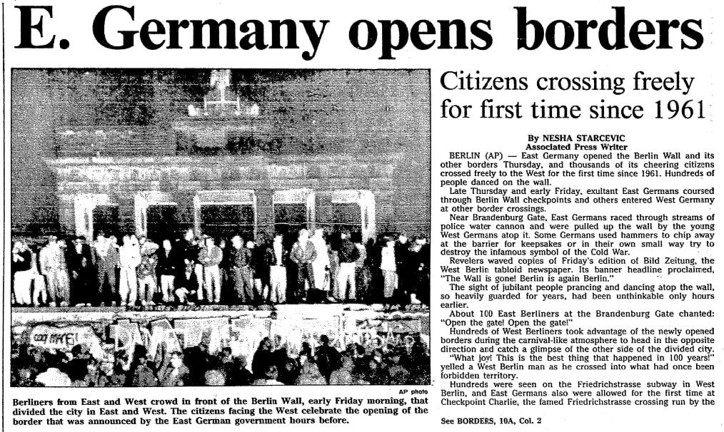 An article about the opening of the Berlin Wall, Mobile Register newspaper article 10 November 1989