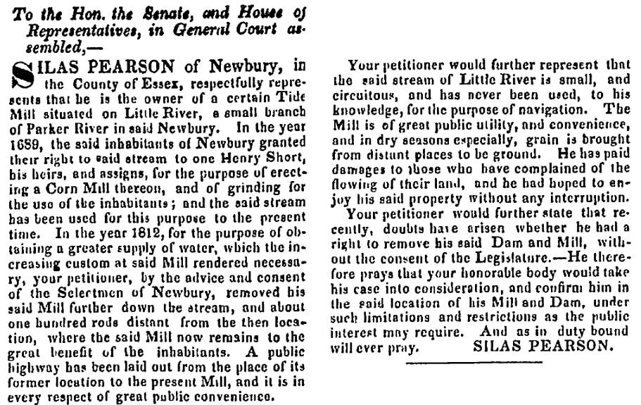 An article about Pearson's mill, Newburyport Herald newspaper article 8 February 1831