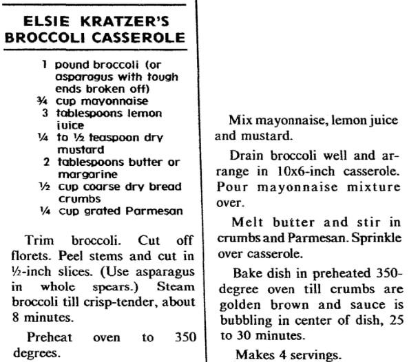 Broccoli casserole recipe, Plain Dealer newspaper article 26 April 1981