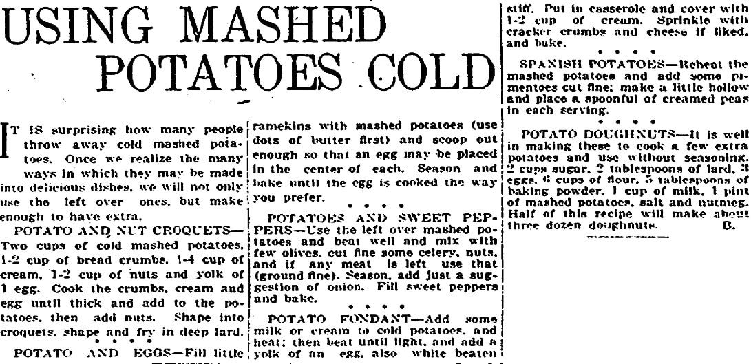 Potato recipes, Plain Dealer newspaper articles 7 May 1916