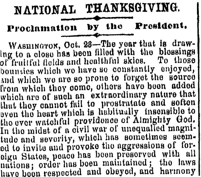 An article about Thanksgiving, Plain Dealer newspaper article 15 October 1863
