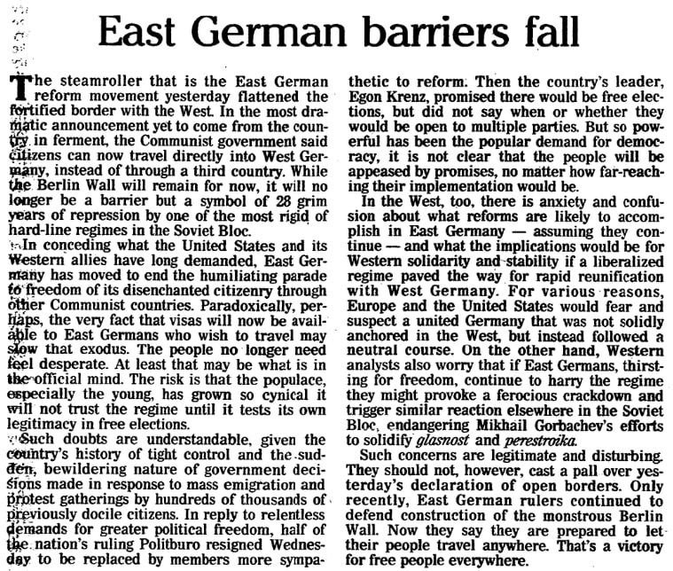 An article about the opening of the Berlin Wall, Plain Dealer newspaper article 10 November 1989