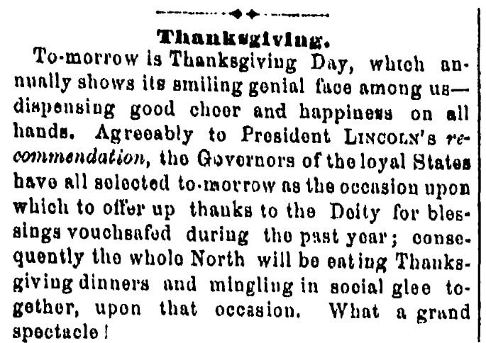 An article about Thanksgiving, Plain Dealer newspaper article 25 November 1863