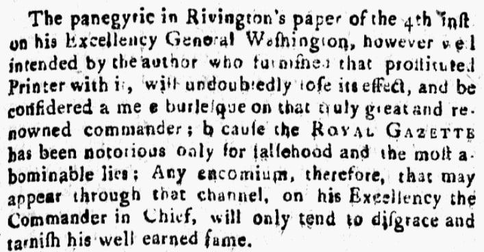 An article about James Rivington, Political Intelligencer newspaper article 23 December 1783