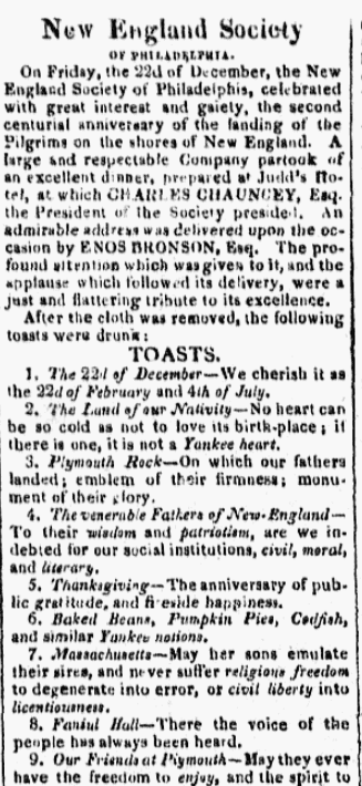 An article about Thanksgiving, Poulson’s American Daily Advertiser newspaper article 30 December 1820