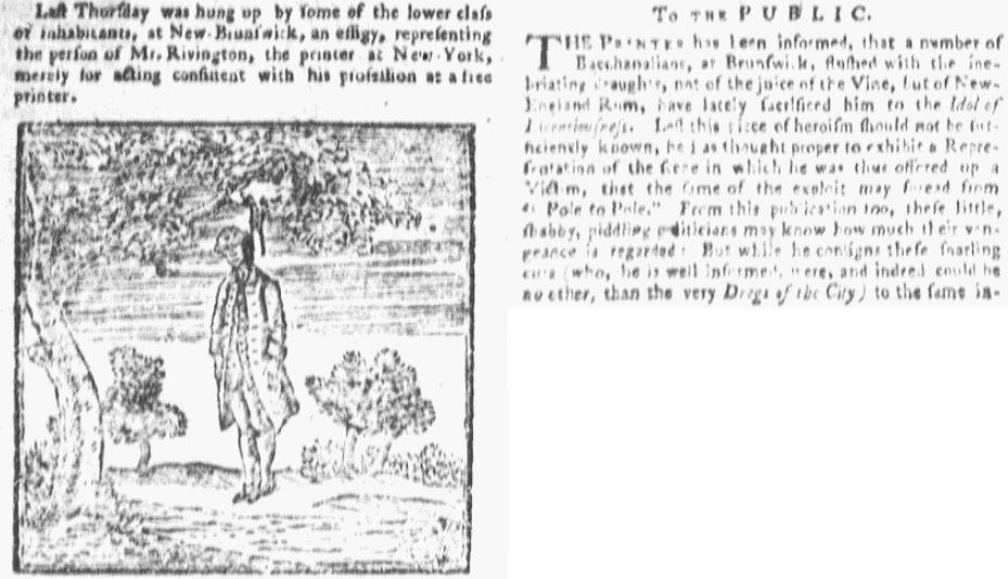 An article about James Rivington, Rivington’s New-York Gazetteer newspaper article 20 April 1775