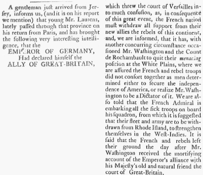 An article about George Washington, Royal Gazette newspaper article 25 August 1781