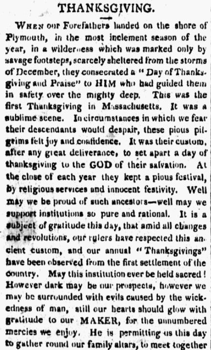 An article about Thanksgiving, Salem Gazette newspaper article 25 November 1813