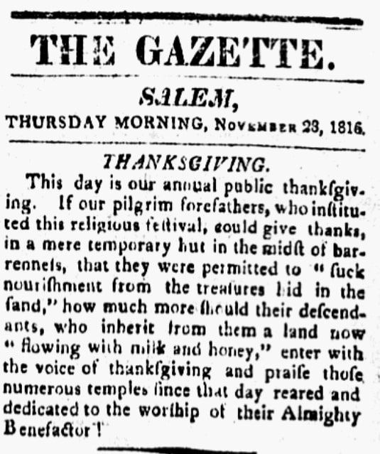 An article about Thanksgiving, Salem Gazette newspaper article 28 November 1816